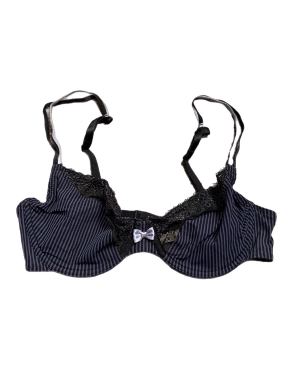 90s French Vintage Passionata Stripe Lace Trim Unlined Bra (Blue/Black) 32/34C